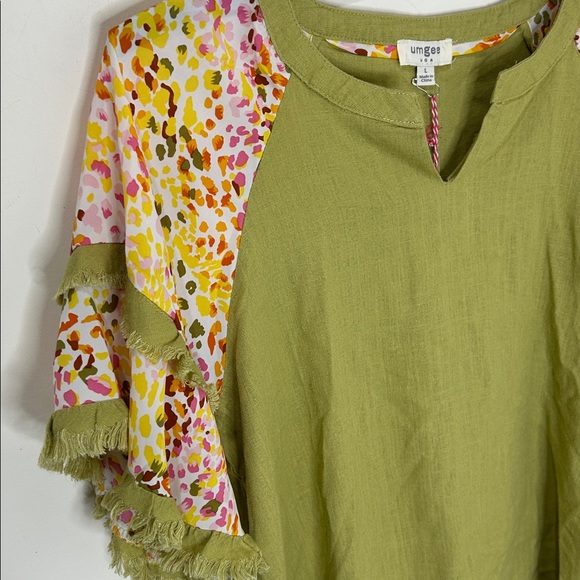 NWT UMGEE Linen Blend Mixed Print Lime Green Top Size Large - Picture 15 of 16